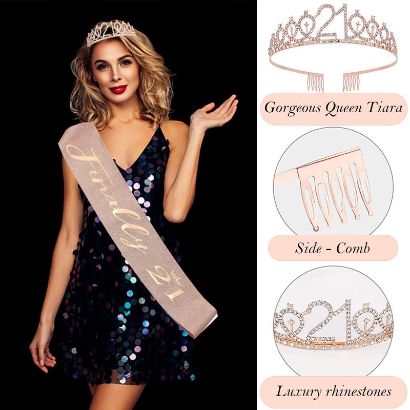 Awfrky 21st Birthday Gifts Decorations for Her  Including 21st Happy Birthday Cake Toppers  Birthday Queen Sash with Pearl Pin  Sweet Rhinestone Tiara Crown  Number Candles and Balloons Set  Rose Gold - Image 3